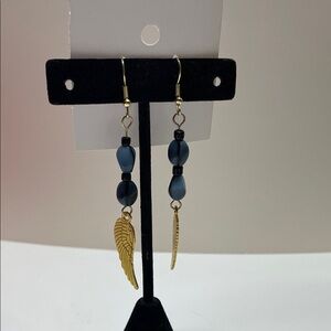 Chic Gold and Blue Beaded Wing Earrings